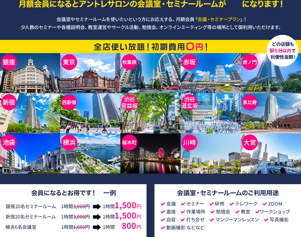 月額会員になるとアントレサロンの会議室・セミナールームが半額になります！ 全店使い放題！初期費用0円！どの店舗も駅5分以内で利便性抜群！